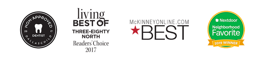Collage of Award Logos for Mom-Approved 2017, Living Best of Three-Eighty North Readers Choice 2017, McKinneyOnline.com Best and Nextdoor Neighborhood Favorite 2019