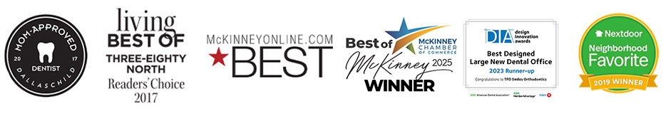 Collage of Award Logos for Mom-Approved 2017, Living Best of Three-Eighty North Readers Choice 2017, Best of McKinney 2024, Best McKinneyOnline.com  and Nextdoor Neighborhood Favorite 2019